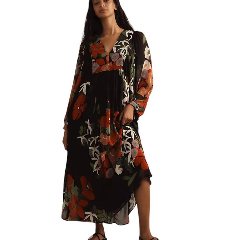 Farm Rio x Anthropologie Long-Sleeve V-Neck Floral Maxi Dress Size Medium, NWT - Picture 6 of 11